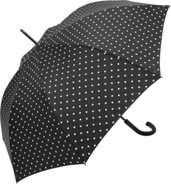 Parasol długi, czarny w białe kropki, z zakrzywioną rączką, otwarty, widok z góry pod kątem.