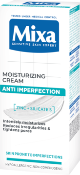 Mixa Moisturizing Cream Anti Imperfection w białym pudełku dla skóry wrażliwej, z cynkiem i silikatami.