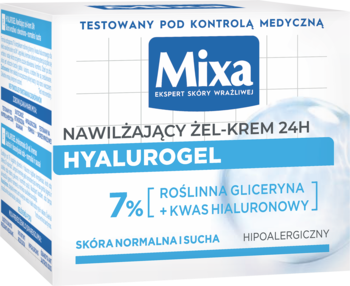 Mixa Hyalurogel nawilżający żel-krem 24H do cery normalnej i suchej, w białym słoiku, widok z przodu.