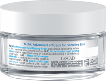 Tył przezroczystego słoika Mixa Hyalurogel, kremu z kwasem hialuronowym dla skóry wrażliwej, 50ml.