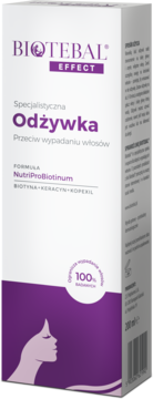 Białe pudełko Biotebal Effect Odżywka Przeciw Wypadaniu Włosów z fioletowym logo i kobiecą sylwetką, widok z przodu.