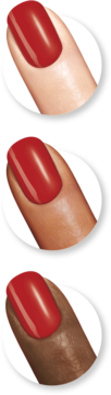 Głęboki czerwony lakier Sally Hansen Miracle Gel 680 Rhapsody Red na paznokciach o trzech odcieniach skóry.