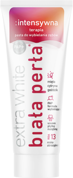 Biała Perła Extra White Intensywna Terapia, wybielająca pasta do zębów z formułą PAP+, biała tubka, z przodu.