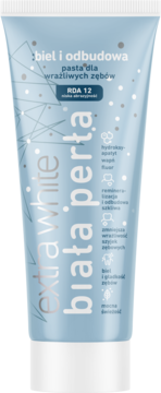 Niebieska tubka pasty Extra White Biała Perła dla wrażliwych zębów z hydroksyapatytem, widok z przodu.