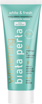 Biała Perła White & Fresh wybielająca pasta do zębów z moringą, w turkusowej tubce, widok z przodu.