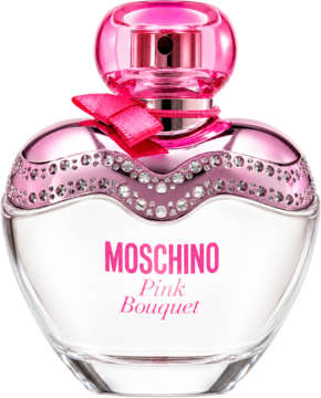 Moschino Pink Bouquet, różowa woda toaletowa w sercowatej butelce z kryształkami i kokardką, widok z przodu.