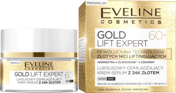 Złoty krem-serum Eveline Gold Lift Expert 60+ w okrągłym słoiczku i dopasowanym opakowaniu, widok z przodu.