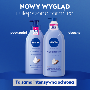 Nowa butelka NIVEA Wygładzające mleczko do ciała 72h obok poprzedniej 5w1, na niebieskim tle.