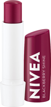 Otwarta pomadka NIVEA Blackberry Shine z burgundowym wkładem i fioletową zatyczką z nazwą marki.