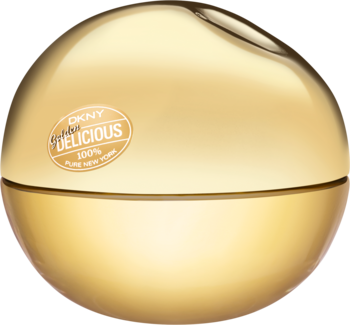 Złota woda perfumowana DKNY Be Delicious Gold w lśniącym flakonie o kształcie jabłka, widok z przodu.