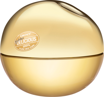 Złota, połyskliwa woda perfumowana DKNY Be Delicious Gold w kształcie jabłka z logo, widok z przodu.