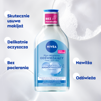 NIVEA Płyn Micelarny Odświeżający w białej butelce z niebieską etykietą, otoczony kluczowymi zaletami produktu.