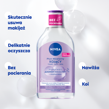 NIVEA Kojący płyn micelarny do skóry wrażliwej, w przezroczystej butelce z fioletową etykietą, widok z przodu.