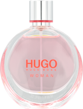 Hugo Boss Woman, kwiatowo-owocowa woda perfumowana w okrągłej, różowej butelce ze srebrną zakrętką, widok z przodu.