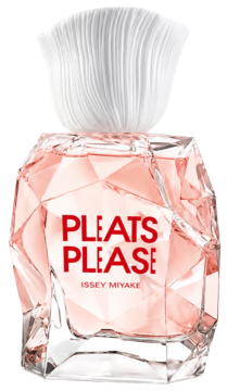 Issey Miyake Pleats Please, woda toaletowa dla kobiet, fasetowana butelka z różowym płynem, biały korek o fakturze plis.