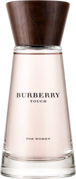Flakon perfum Burberry Touch dla kobiet, przezroczysty, z różowym płynem i drewnianą nakrętką, widok z przodu.