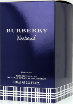 Granatowe, błyszczące pudełko Burberry Weekend for Men EDT 100ml z napisem i kratą, widok z przodu.