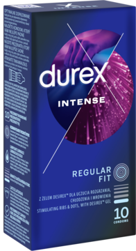 Niebieskie pudełko prezerwatyw Durex Intense, 10 sztuk Regular Fit z żelem Desirex, widok z przodu.