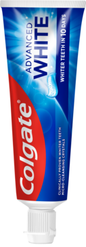Colgate Advanced White wybielająca pasta do zębów, niebieska tubka z czerwonym logo, widok z przodu.