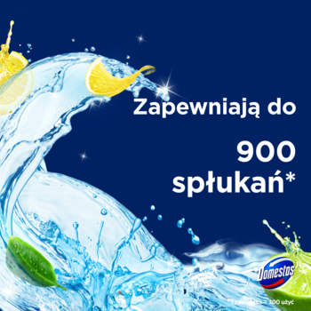 Reklama Domestos Power 5 Lime: kostka toaletowa, 900 spłukań, świeżość wody i cytrusów.