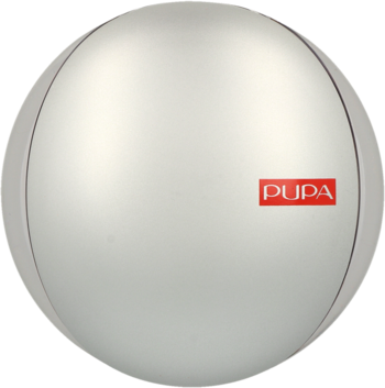 Puder do twarzy i ciała PUPA w perłowej kuli z czerwonym logo, widok z przodu. Gładka, jedwabista konsystencja.