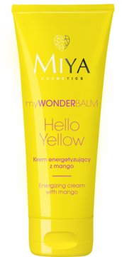Żółta tubka kremu Miya myWONDERBALM Hello Yellow z napisem "Energizing cream with mango", widok z przodu.