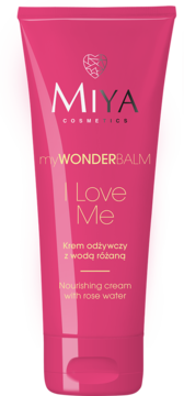 Miya myWONDERBALM I Love Me krem odżywczy z wodą różaną, różowa tubka, widok z przodu.