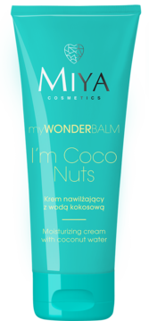 Turkusowa tubka kremu nawilżającego MIYA myWONDERBALM I'm Coco Nuts z wodą kokosową, widok frontalny.