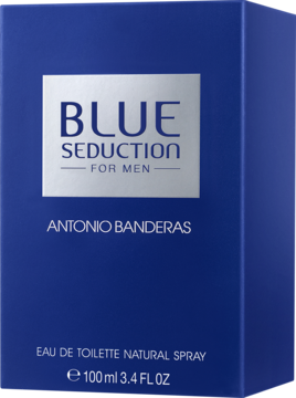 Granatowe pudełko wody toaletowej Antonio Banderas Blue Seduction dla mężczyzn, widok z przodu.