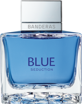 Perfumy męskie Banderas Blue Seduction, niebieska butelka z srebrną nakrętką i teksturowaną podstawą, widok z przodu.