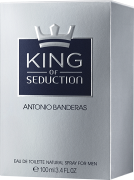 Srebrne pudełko perfum Antonio Banderas King of Seduction 100ml, z granatową etykietą i koroną, przodem.