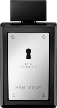 Flakon perfum Antonio Banderas The Secret: czarny, z metalową płytką, dziurką od klucza i śrubami.