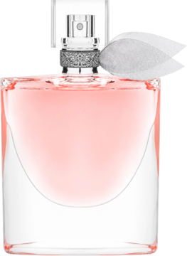 Lancôme La Vie Est Belle EDP, różowe perfumy damskie w szklanej butelce z białą wstążką. Widok z przodu.