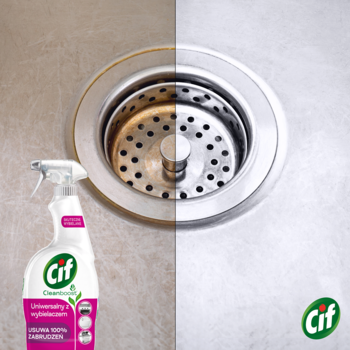 Cif Power & Shine Multipurpose w sprayu. Czyści brudny zlew do lśniącego, higienicznego połysku, obrazek przed/po.
