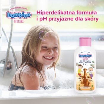 Bambino Dzieciaki żel 2w1 400ml, butelka z Bolkiem i Lolkiem, obok radosnej dziewczynki w wannie z pianą.