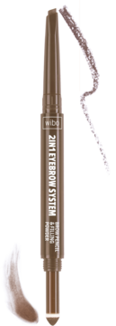 Brązowa kredka Wibo 2in1 Eyebrow System (ołówek i puder), ze swatchami, ujęcie na pionowy produkt.