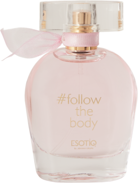 Różowa woda perfumowana Esotiq #follow the body od Joanny Krupy. Zaokrąglona butelka z różową wstążką, widok z przodu.