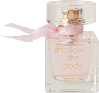 Damska woda perfumowana Esotiq #follow the body, w szklanej butelce z różową wstążką, widok z przodu.