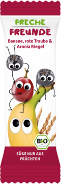 Baton Freche Freunde Bio zbożowo-owocowy, banan, czerwone winogrono, aronia, z wesołymi owocami.