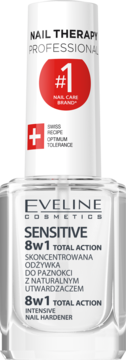 Eveline Sensitive 8w1 Total Action, intensywna odżywka do paznokci w przezroczystej butelce, widok z przodu.