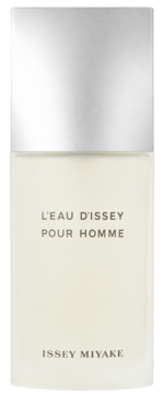 Issey Miyake L'Eau d'Issey Pour Homme, butelka perfum, jasna, matowa z srebrną nakrętką, widok z przodu.
