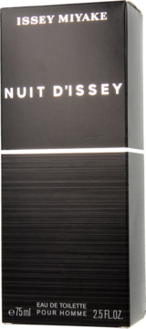 Front czarnego, teksturowanego opakowania Issey Miyake Nuit d'Issey Eau de Toilette Pour Homme z białą bandą.