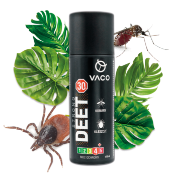 Mocny aerozol VACO Strong DEET 30 na komary i kleszcze, czarna butelka z liśćmi, insektami.