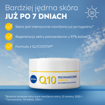 Słoiczek kremu NIVEA Q10 UJĘDRNIENIE SPF30, z tekstami "Jędrna skóra w 7 dni" na tle błękitnego nieba.