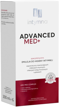 AA Intymna Advanced Med+ emulsja do higieny intymnej w białym kartonie z czerwonymi detalami, 300 ml, widok z przodu.