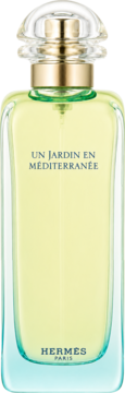 Hermes Un Jardin En Mediterranee, unisex EDT, butelka z żółtym płynem, przezroczysta zakrętka, błękitne dno, widok z przodu.
