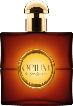 YSL Opium woda toaletowa. Ciemnobursztynowa, prostokątna butelka ze złotą etykietą i nakrętką, widok frontalny.