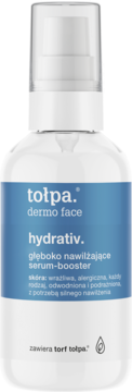 Serum-booster Tołpa Hydrativ dla skóry wrażliwej, biała butelka z pompką, niebieska etykieta. Widok z przodu.