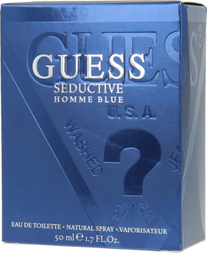 Guess Seductive Homme Blue w ciemnoniebieskim pudełku 50ml EDT, widok z przodu z wytłoczonym logo i nazwą.