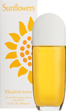 Elizabeth Arden Sunflowers, żółta woda toaletowa, widok butelki obok białego pudełka z dużą grafiką słonecznika.